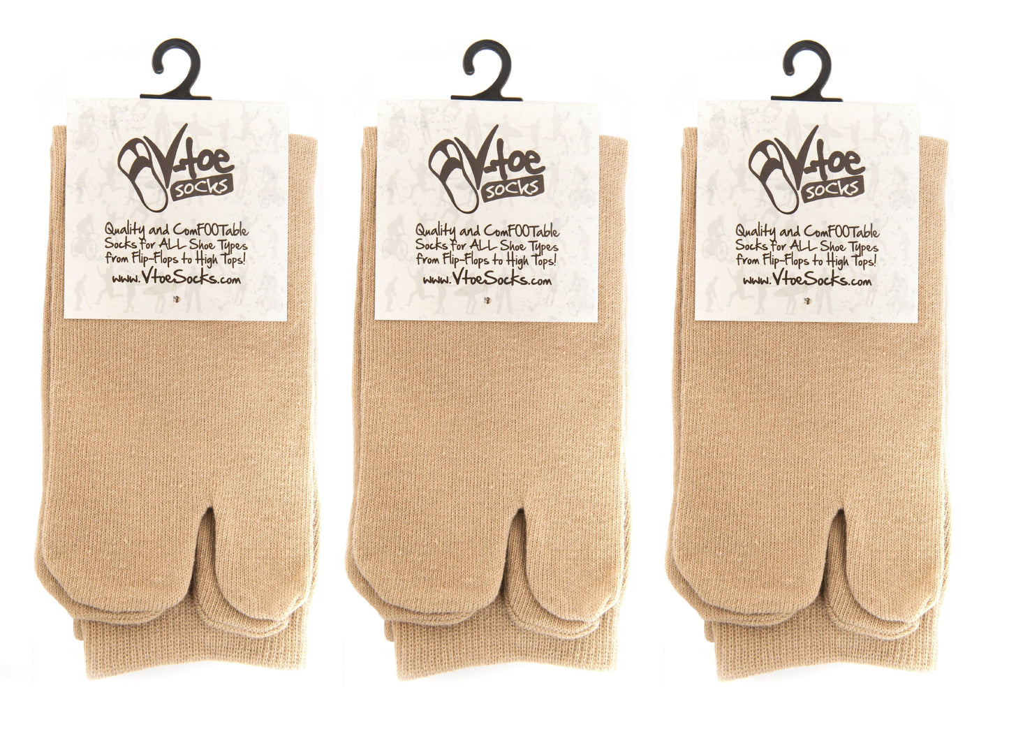 3 Pair - V-Toe Flip Flop Tabi Socks - Khaki Solid Casual