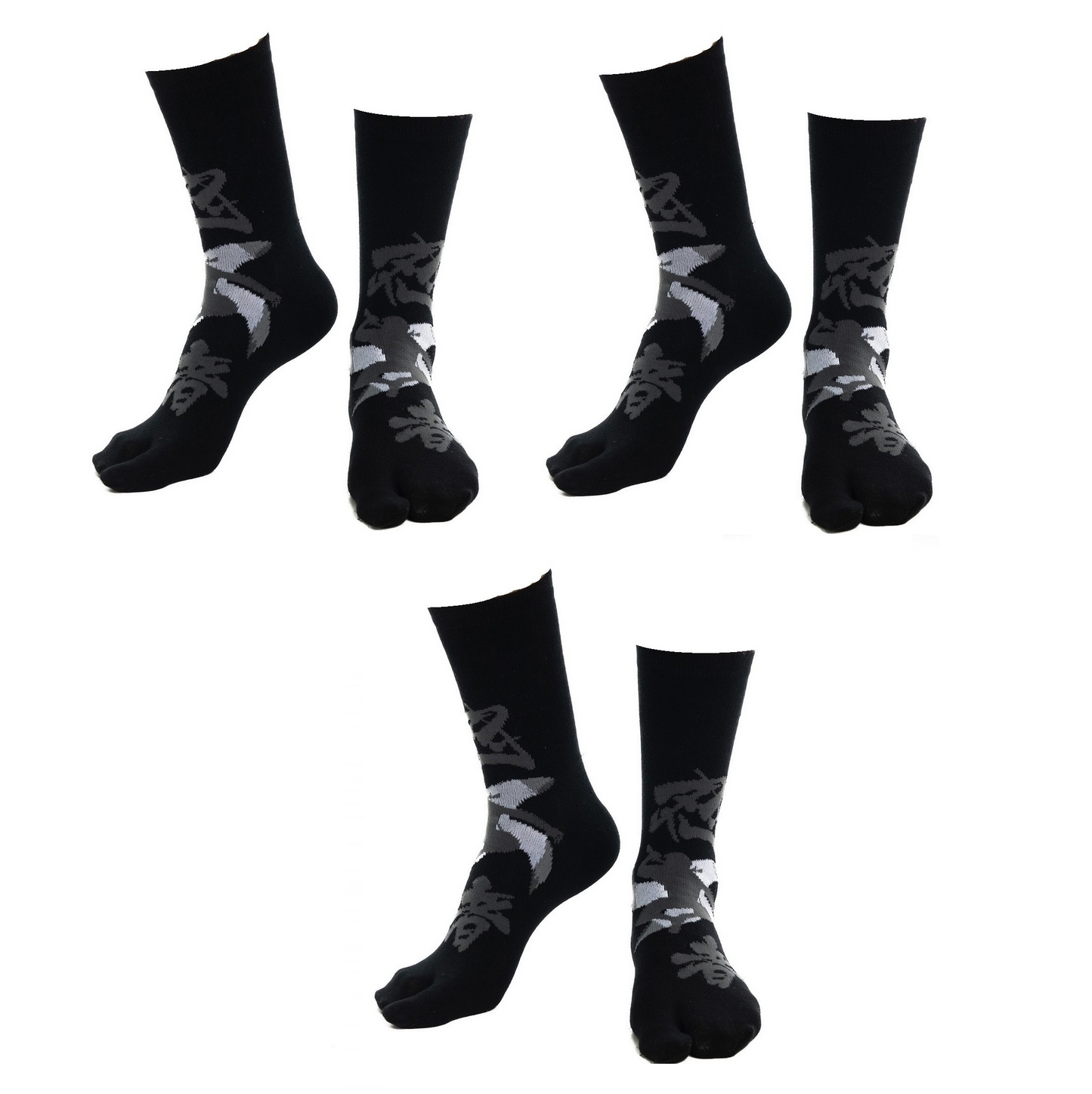 3 Pairs - V-Toe Split Toe Socks Big Toe Tabi Black Ninja, Pink Ninja and Sushi Crew